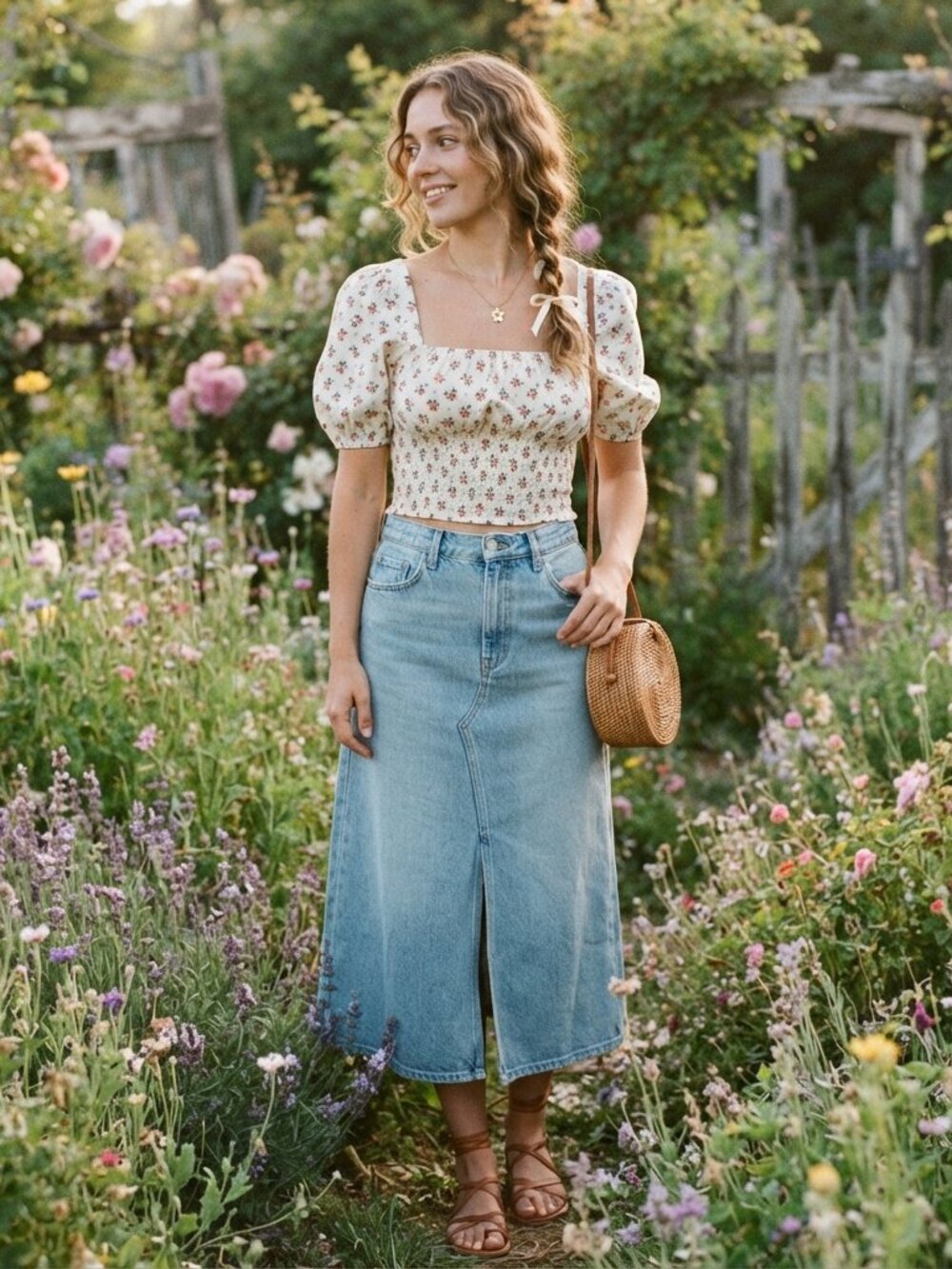Puff Sleeve Smocked Crop Top XS Cottagecore Milkmaid Floral KIRIOUS Los Angeles